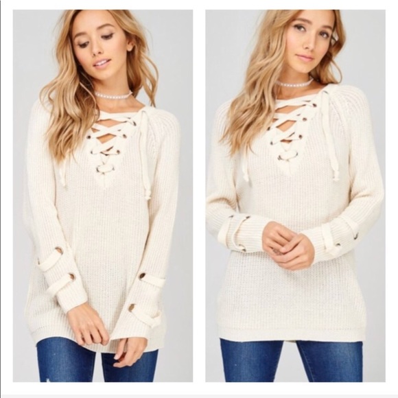 Oatmeal Lace Up Neckline Sweater - Picture 3 of 6